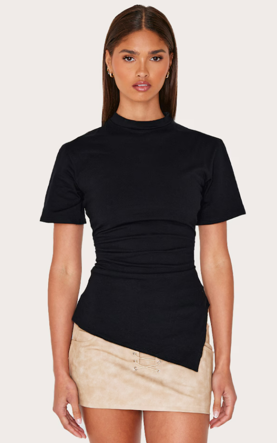Jayathi Black Cotton Ruched Side Asymmetric Hem T-shirt