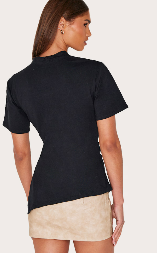 Jayathi Black Cotton Ruched Side Asymmetric Hem T-shirt